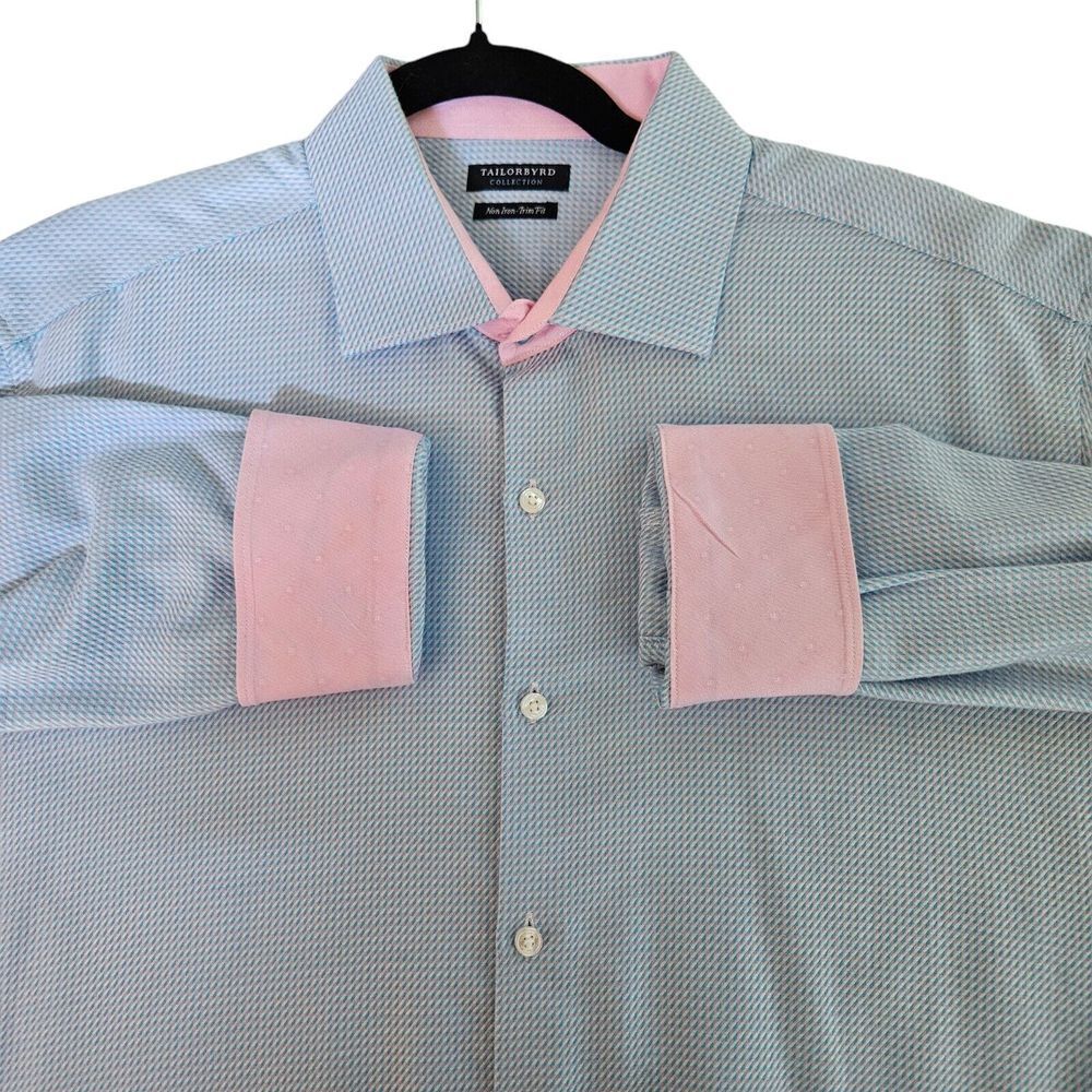 Tailorbyrd Mens Dress Shirt sz 36 37 16.5 Flip Cuff Long Sleeve Blue Pink Button